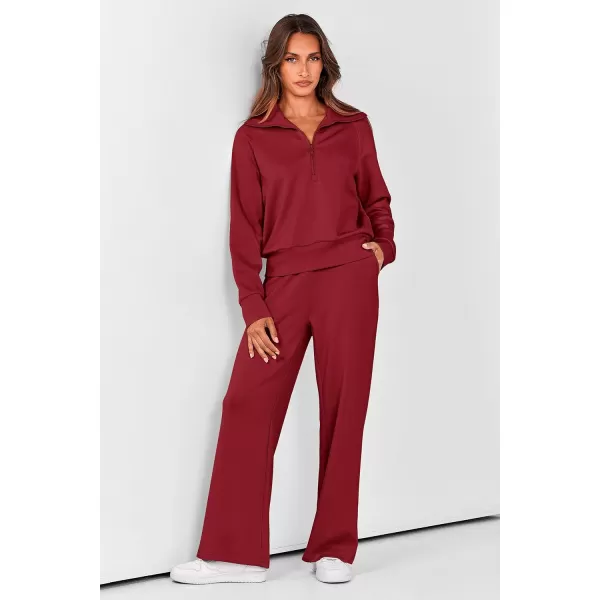 imagePRETTYGARDEN Womens 2 Piece Outfits Casual Lapel Half Zip Sweatshirts And Wide Leg Pants Tracksuit SetsWine Red