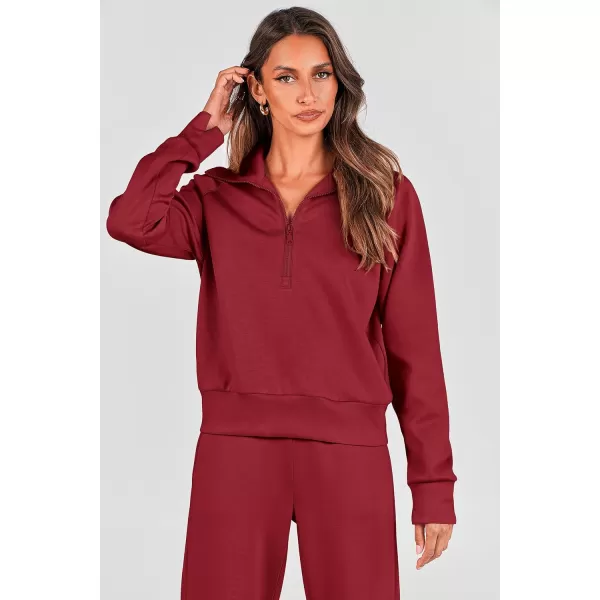 imagePRETTYGARDEN Womens 2 Piece Outfits Casual Lapel Half Zip Sweatshirts And Wide Leg Pants Tracksuit SetsWine Red