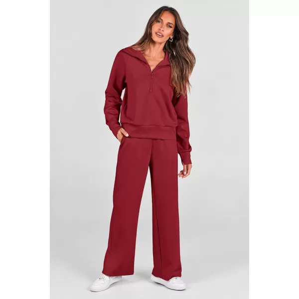 imagePRETTYGARDEN Womens 2 Piece Outfits Casual Lapel Half Zip Sweatshirts And Wide Leg Pants Tracksuit SetsWine Red