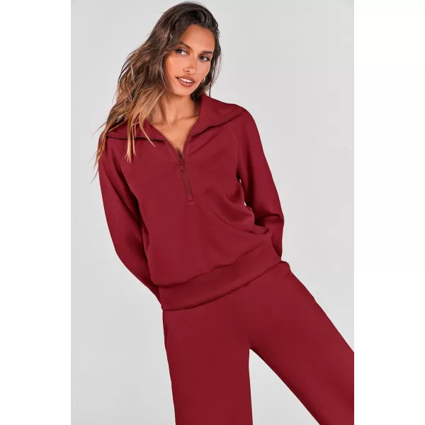 imagePRETTYGARDEN Womens 2 Piece Outfits Casual Lapel Half Zip Sweatshirts And Wide Leg Pants Tracksuit SetsWine Red