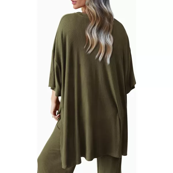 imagePRETTYGARDEN Womens 2 Piece Outfits Casual Short Sleeve Pullover Tops and Wide Leg Pants Lounge Sets TracksuitsArmy Green