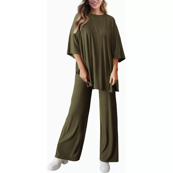 imagePRETTYGARDEN Womens 2 Piece Outfits Casual Short Sleeve Pullover Tops and Wide Leg Pants Lounge Sets TracksuitsArmy Green