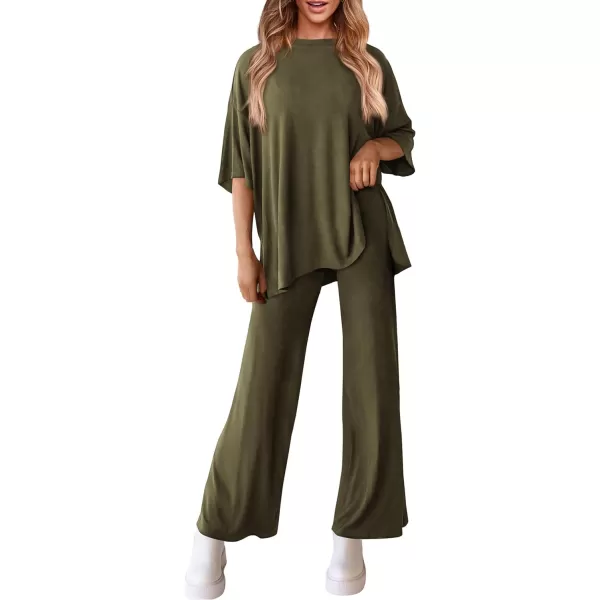 imagePRETTYGARDEN Womens 2 Piece Outfits Casual Short Sleeve Pullover Tops and Wide Leg Pants Lounge Sets TracksuitsArmy Green
