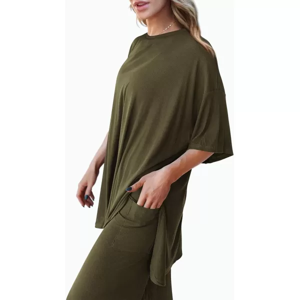 imagePRETTYGARDEN Womens 2 Piece Outfits Casual Short Sleeve Pullover Tops and Wide Leg Pants Lounge Sets TracksuitsArmy Green