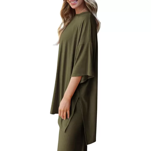 imagePRETTYGARDEN Womens 2 Piece Outfits Casual Short Sleeve Pullover Tops and Wide Leg Pants Lounge Sets TracksuitsArmy Green