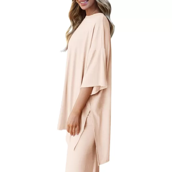 imagePRETTYGARDEN Womens 2 Piece Outfits Casual Short Sleeve Pullover Tops and Wide Leg Pants Lounge Sets TracksuitsBeige