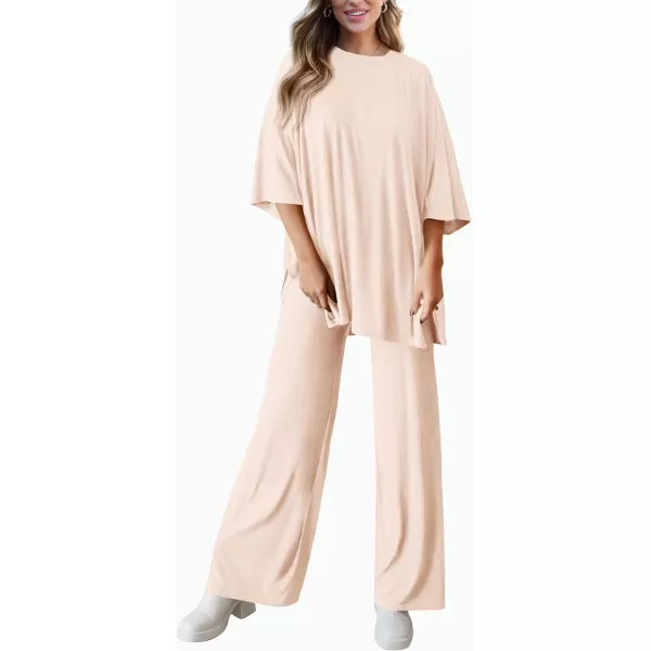 imagePRETTYGARDEN Womens 2 Piece Outfits Casual Short Sleeve Pullover Tops and Wide Leg Pants Lounge Sets TracksuitsBeige