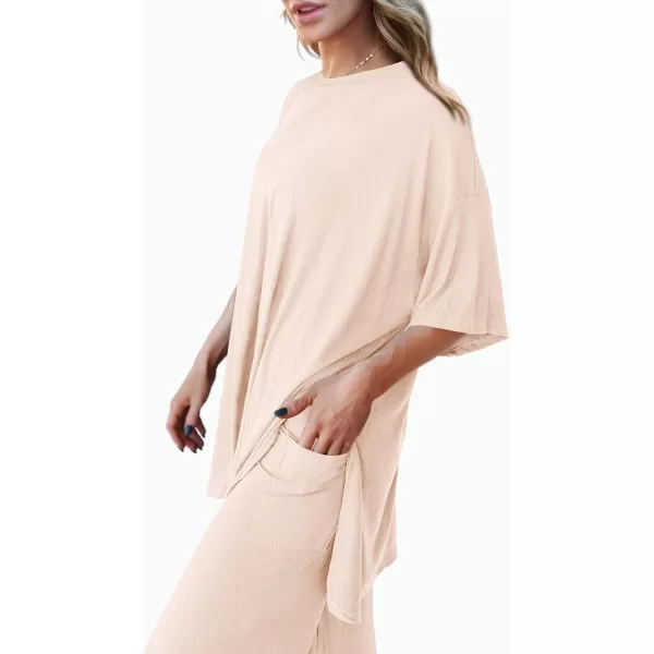 imagePRETTYGARDEN Womens 2 Piece Outfits Casual Short Sleeve Pullover Tops and Wide Leg Pants Lounge Sets TracksuitsBeige