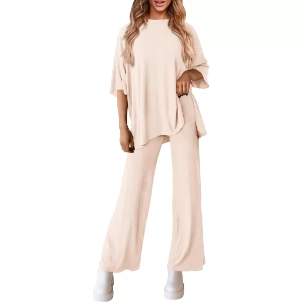imagePRETTYGARDEN Womens 2 Piece Outfits Casual Short Sleeve Pullover Tops and Wide Leg Pants Lounge Sets TracksuitsBeige