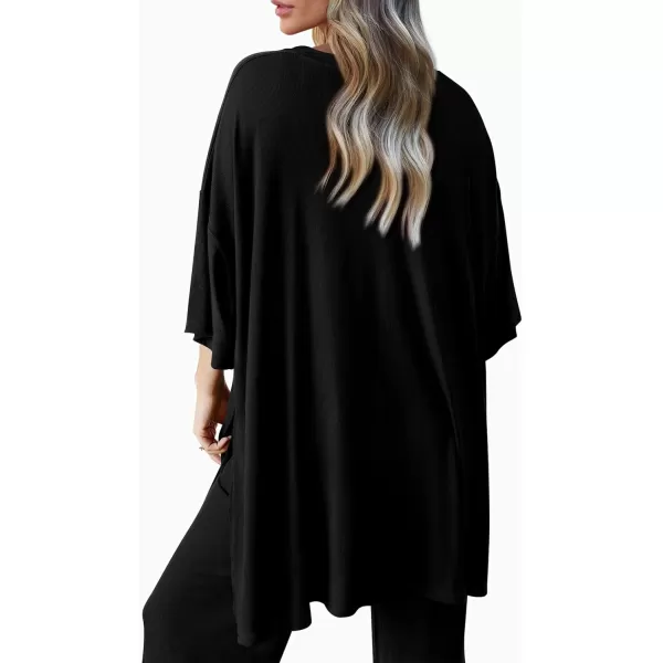 imagePRETTYGARDEN Womens 2 Piece Outfits Casual Short Sleeve Pullover Tops and Wide Leg Pants Lounge Sets TracksuitsBlack