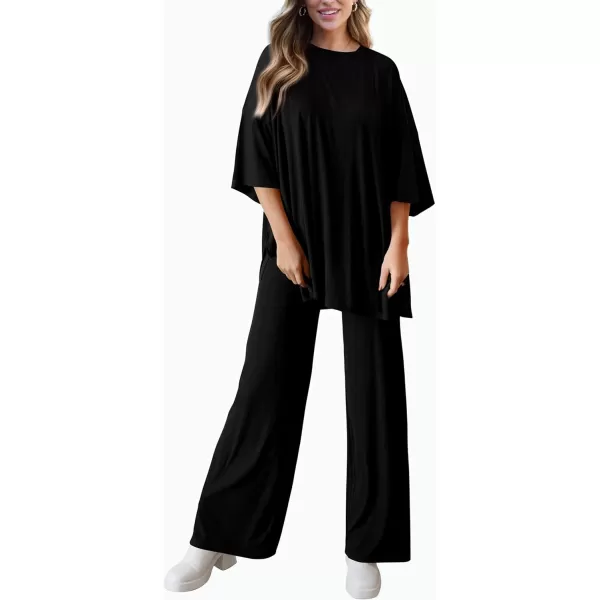 imagePRETTYGARDEN Womens 2 Piece Outfits Casual Short Sleeve Pullover Tops and Wide Leg Pants Lounge Sets TracksuitsBlack