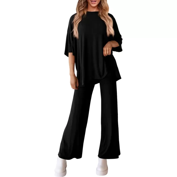 imagePRETTYGARDEN Womens 2 Piece Outfits Casual Short Sleeve Pullover Tops and Wide Leg Pants Lounge Sets TracksuitsBlack