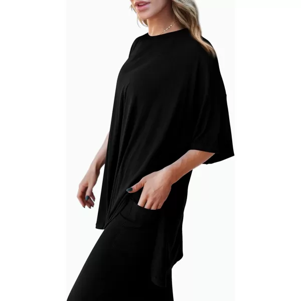 imagePRETTYGARDEN Womens 2 Piece Outfits Casual Short Sleeve Pullover Tops and Wide Leg Pants Lounge Sets TracksuitsBlack