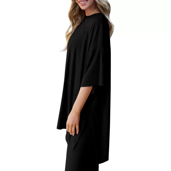 imagePRETTYGARDEN Womens 2 Piece Outfits Casual Short Sleeve Pullover Tops and Wide Leg Pants Lounge Sets TracksuitsBlack