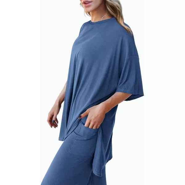 imagePRETTYGARDEN Womens 2 Piece Outfits Casual Short Sleeve Pullover Tops and Wide Leg Pants Lounge Sets TracksuitsBlue