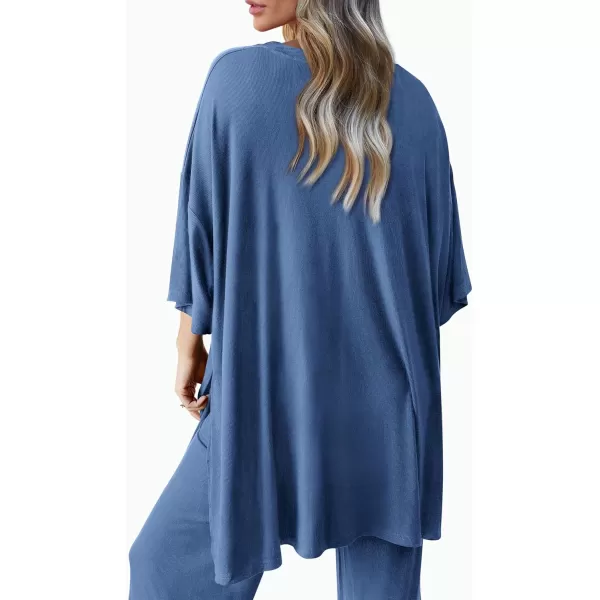 imagePRETTYGARDEN Womens 2 Piece Outfits Casual Short Sleeve Pullover Tops and Wide Leg Pants Lounge Sets TracksuitsBlue