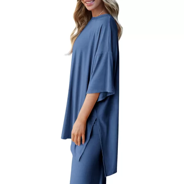 imagePRETTYGARDEN Womens 2 Piece Outfits Casual Short Sleeve Pullover Tops and Wide Leg Pants Lounge Sets TracksuitsBlue