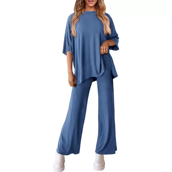 imagePRETTYGARDEN Womens 2 Piece Outfits Casual Short Sleeve Pullover Tops and Wide Leg Pants Lounge Sets TracksuitsBlue