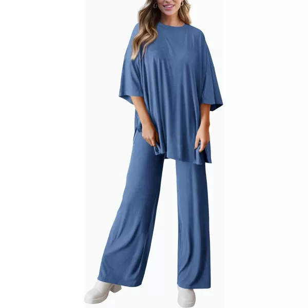 imagePRETTYGARDEN Womens 2 Piece Outfits Casual Short Sleeve Pullover Tops and Wide Leg Pants Lounge Sets TracksuitsBlue