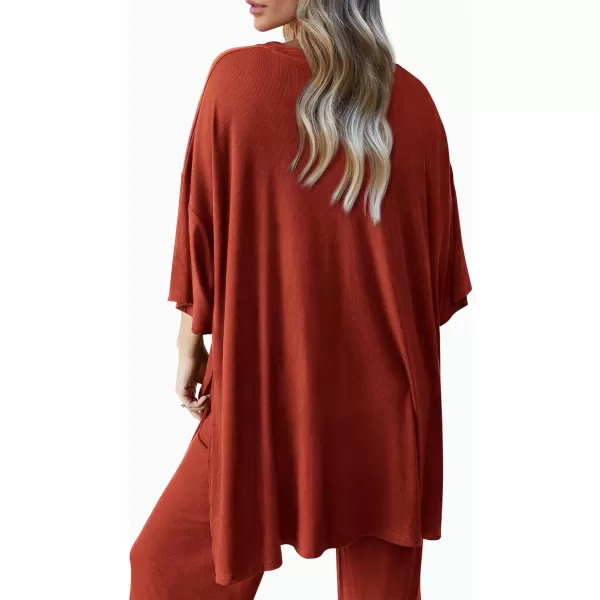imagePRETTYGARDEN Womens 2 Piece Outfits Casual Short Sleeve Pullover Tops and Wide Leg Pants Lounge Sets TracksuitsBrick Red
