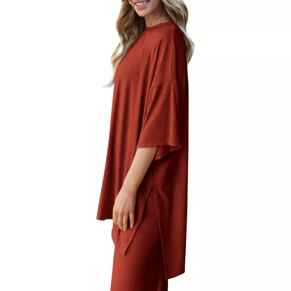 imagePRETTYGARDEN Womens 2 Piece Outfits Casual Short Sleeve Pullover Tops and Wide Leg Pants Lounge Sets TracksuitsBrick Red