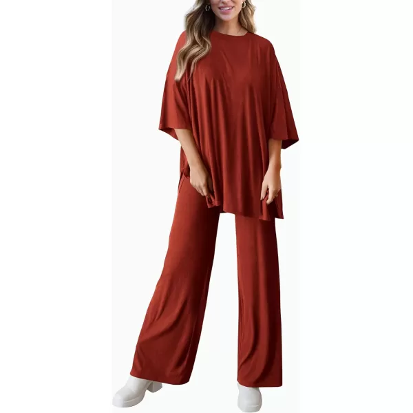 imagePRETTYGARDEN Womens 2 Piece Outfits Casual Short Sleeve Pullover Tops and Wide Leg Pants Lounge Sets TracksuitsBrick Red