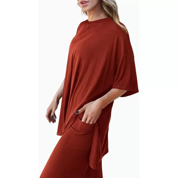 imagePRETTYGARDEN Womens 2 Piece Outfits Casual Short Sleeve Pullover Tops and Wide Leg Pants Lounge Sets TracksuitsBrick Red