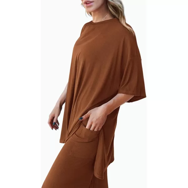 imagePRETTYGARDEN Womens 2 Piece Outfits Casual Short Sleeve Pullover Tops and Wide Leg Pants Lounge Sets TracksuitsBrown