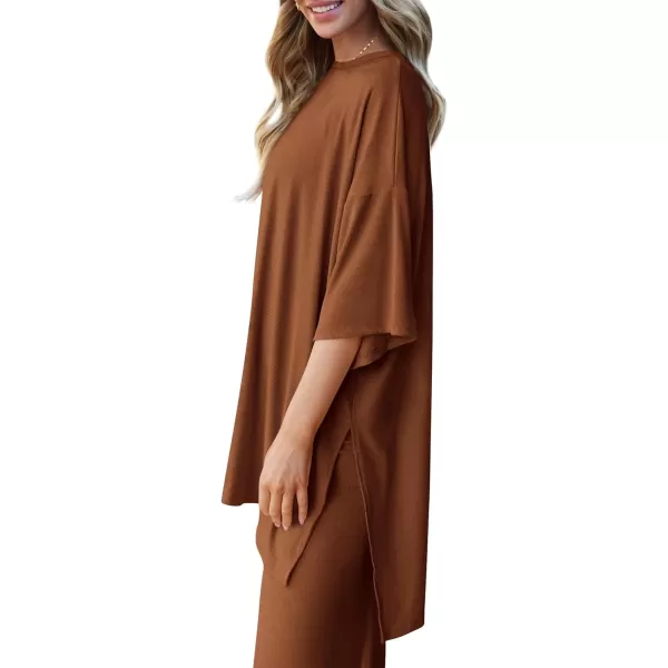 imagePRETTYGARDEN Womens 2 Piece Outfits Casual Short Sleeve Pullover Tops and Wide Leg Pants Lounge Sets TracksuitsBrown