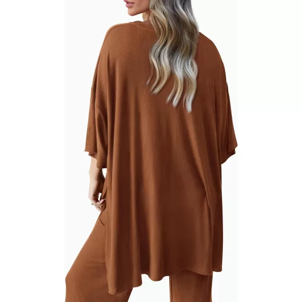 imagePRETTYGARDEN Womens 2 Piece Outfits Casual Short Sleeve Pullover Tops and Wide Leg Pants Lounge Sets TracksuitsBrown