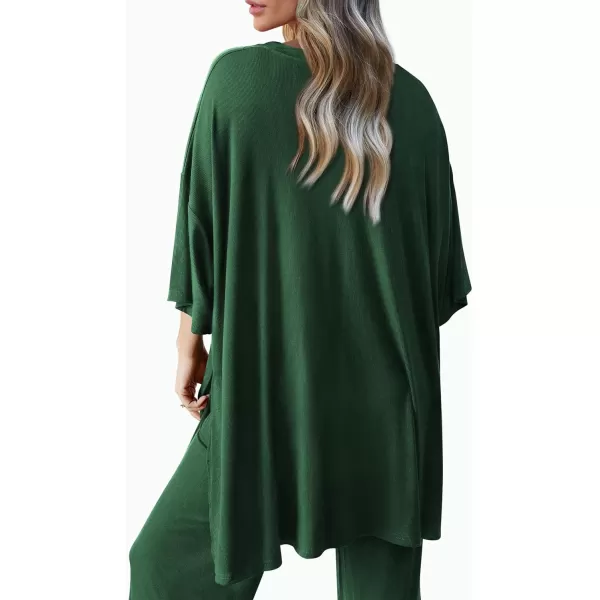 imagePRETTYGARDEN Womens 2 Piece Outfits Casual Short Sleeve Pullover Tops and Wide Leg Pants Lounge Sets TracksuitsDark Green