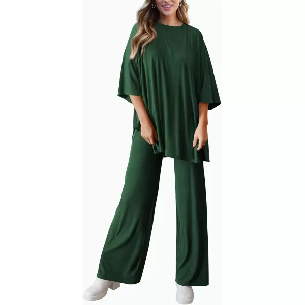 imagePRETTYGARDEN Womens 2 Piece Outfits Casual Short Sleeve Pullover Tops and Wide Leg Pants Lounge Sets TracksuitsDark Green