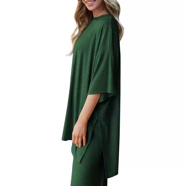 imagePRETTYGARDEN Womens 2 Piece Outfits Casual Short Sleeve Pullover Tops and Wide Leg Pants Lounge Sets TracksuitsDark Green