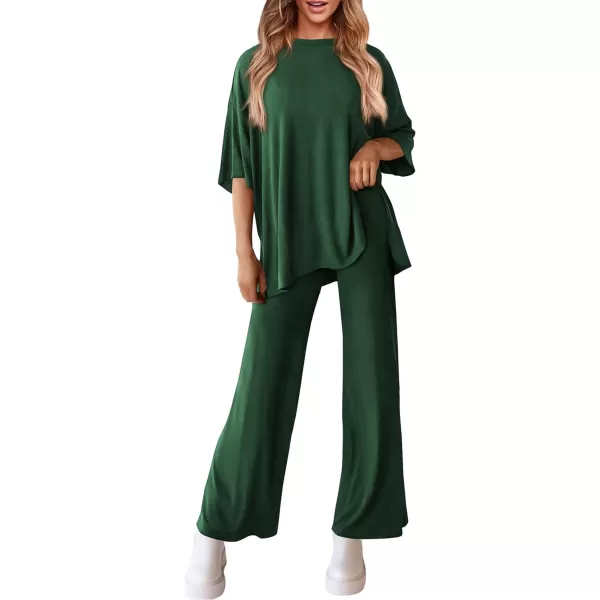 imagePRETTYGARDEN Womens 2 Piece Outfits Casual Short Sleeve Pullover Tops and Wide Leg Pants Lounge Sets TracksuitsDark Green
