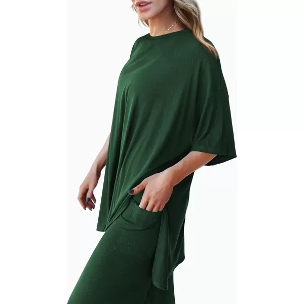 imagePRETTYGARDEN Womens 2 Piece Outfits Casual Short Sleeve Pullover Tops and Wide Leg Pants Lounge Sets TracksuitsDark Green