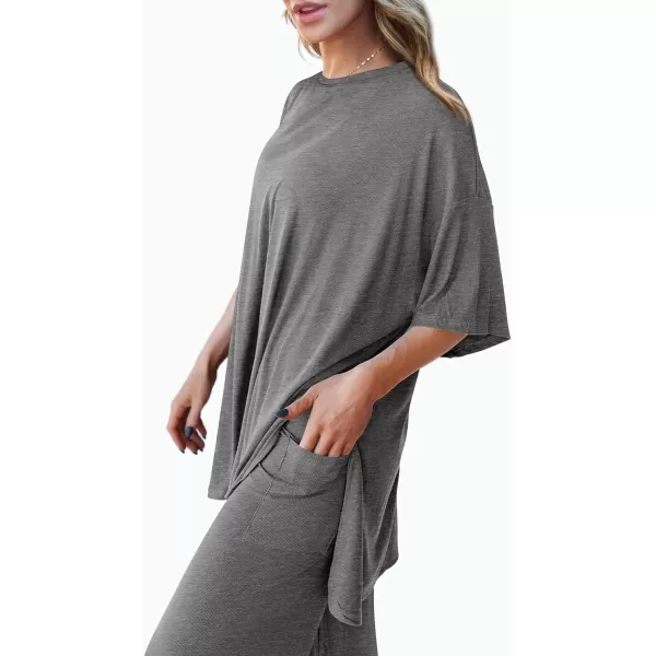 imagePRETTYGARDEN Womens 2 Piece Outfits Casual Short Sleeve Pullover Tops and Wide Leg Pants Lounge Sets TracksuitsDark Grey
