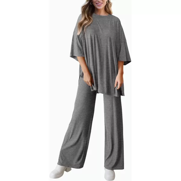 imagePRETTYGARDEN Womens 2 Piece Outfits Casual Short Sleeve Pullover Tops and Wide Leg Pants Lounge Sets TracksuitsDark Grey