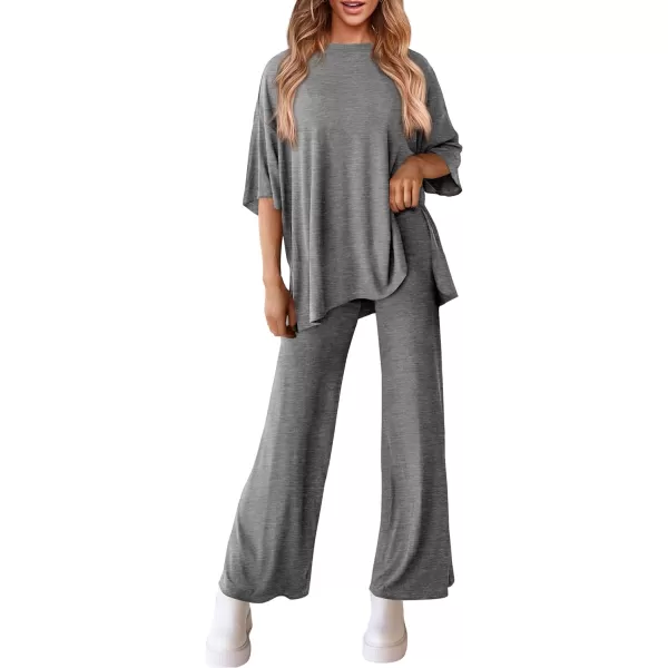 imagePRETTYGARDEN Womens 2 Piece Outfits Casual Short Sleeve Pullover Tops and Wide Leg Pants Lounge Sets TracksuitsDark Grey