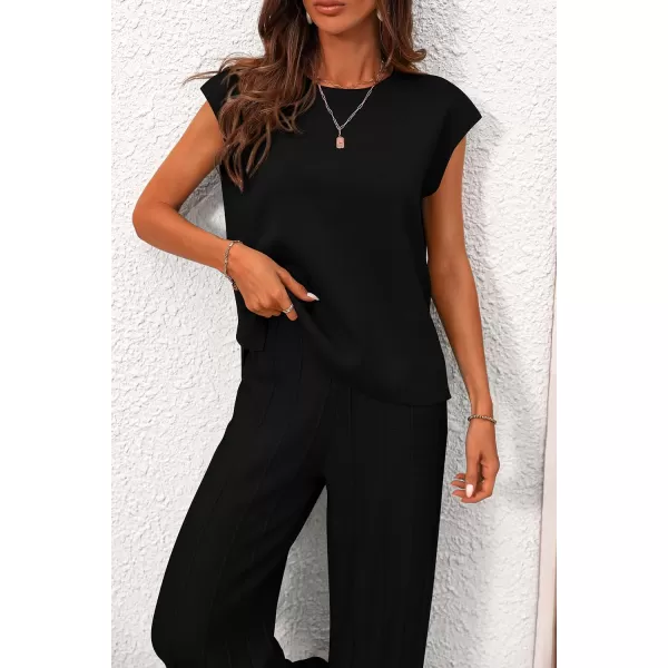 imagePRETTYGARDEN Womens 2 Piece Outfits Knit Loungewear High Low Pullover Tops and Wide Leg Pants Casual Sweater Sets TracksuitsBlack