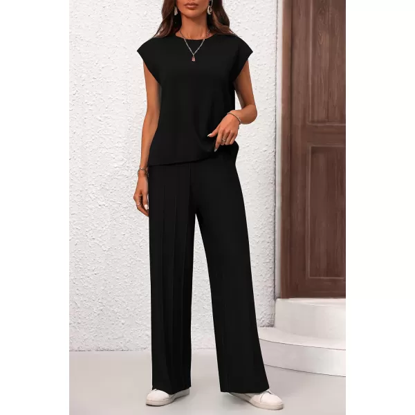 imagePRETTYGARDEN Womens 2 Piece Outfits Knit Loungewear High Low Pullover Tops and Wide Leg Pants Casual Sweater Sets TracksuitsBlack
