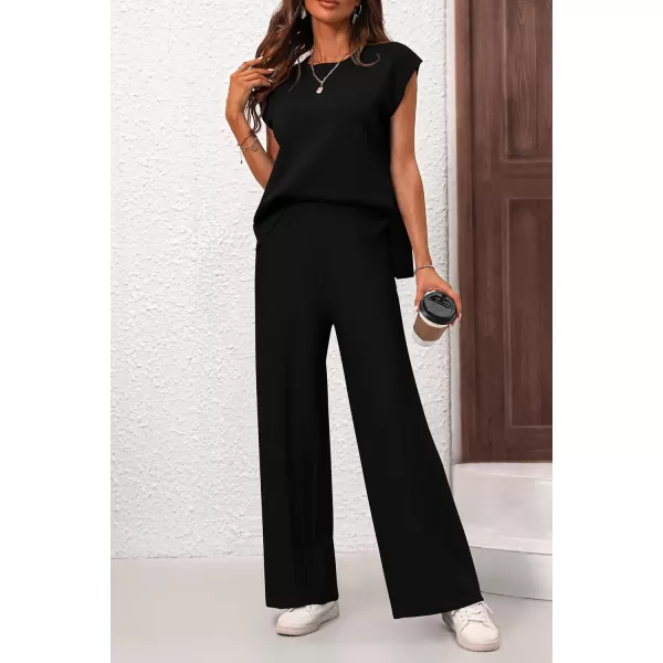 imagePRETTYGARDEN Womens 2 Piece Outfits Knit Loungewear High Low Pullover Tops and Wide Leg Pants Casual Sweater Sets TracksuitsBlack