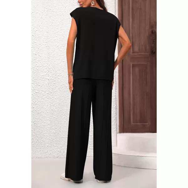 imagePRETTYGARDEN Womens 2 Piece Outfits Knit Loungewear High Low Pullover Tops and Wide Leg Pants Casual Sweater Sets TracksuitsBlack