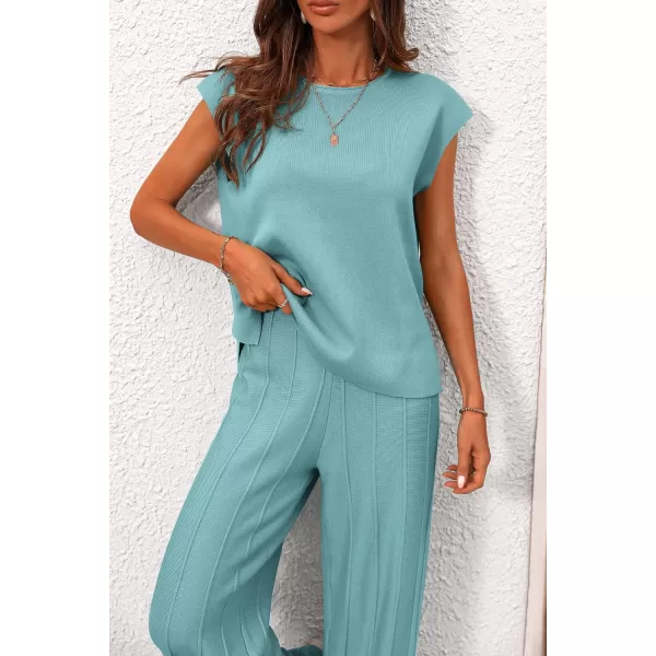 imagePRETTYGARDEN Womens 2 Piece Outfits Knit Loungewear High Low Pullover Tops and Wide Leg Pants Casual Sweater Sets TracksuitsBlue Green