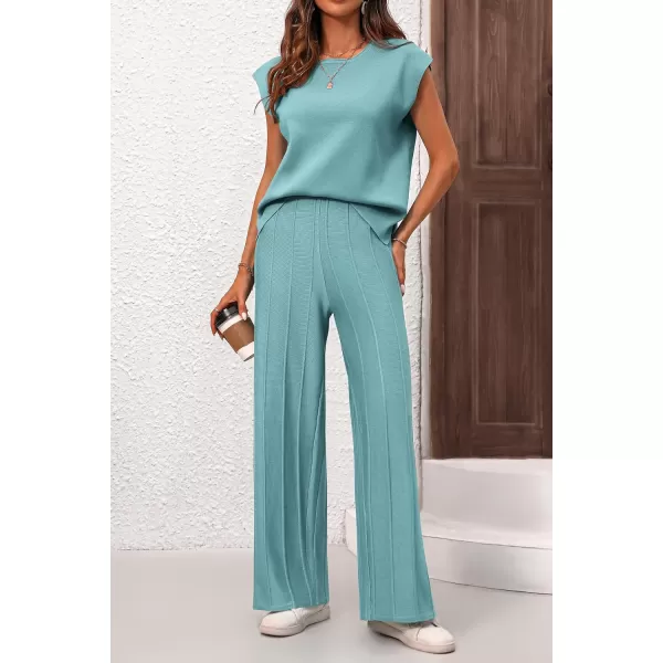 imagePRETTYGARDEN Womens 2 Piece Outfits Knit Loungewear High Low Pullover Tops and Wide Leg Pants Casual Sweater Sets TracksuitsBlue Green