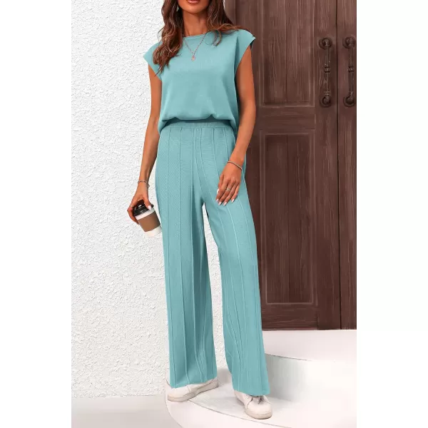 imagePRETTYGARDEN Womens 2 Piece Outfits Knit Loungewear High Low Pullover Tops and Wide Leg Pants Casual Sweater Sets TracksuitsBlue Green