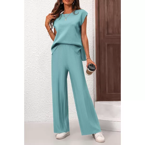 imagePRETTYGARDEN Womens 2 Piece Outfits Knit Loungewear High Low Pullover Tops and Wide Leg Pants Casual Sweater Sets TracksuitsBlue Green