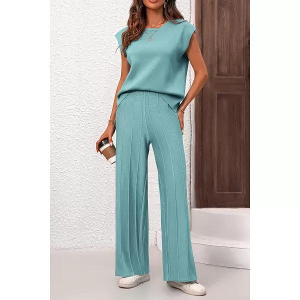 imagePRETTYGARDEN Womens 2 Piece Outfits Knit Loungewear High Low Pullover Tops and Wide Leg Pants Casual Sweater Sets TracksuitsBlue Green