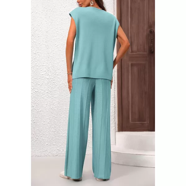 imagePRETTYGARDEN Womens 2 Piece Outfits Knit Loungewear High Low Pullover Tops and Wide Leg Pants Casual Sweater Sets TracksuitsBlue Green