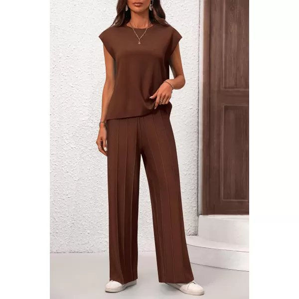 imagePRETTYGARDEN Womens 2 Piece Outfits Knit Loungewear High Low Pullover Tops and Wide Leg Pants Casual Sweater Sets TracksuitsCoffee