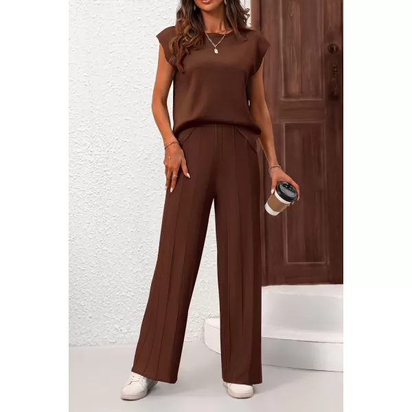 imagePRETTYGARDEN Womens 2 Piece Outfits Knit Loungewear High Low Pullover Tops and Wide Leg Pants Casual Sweater Sets TracksuitsCoffee